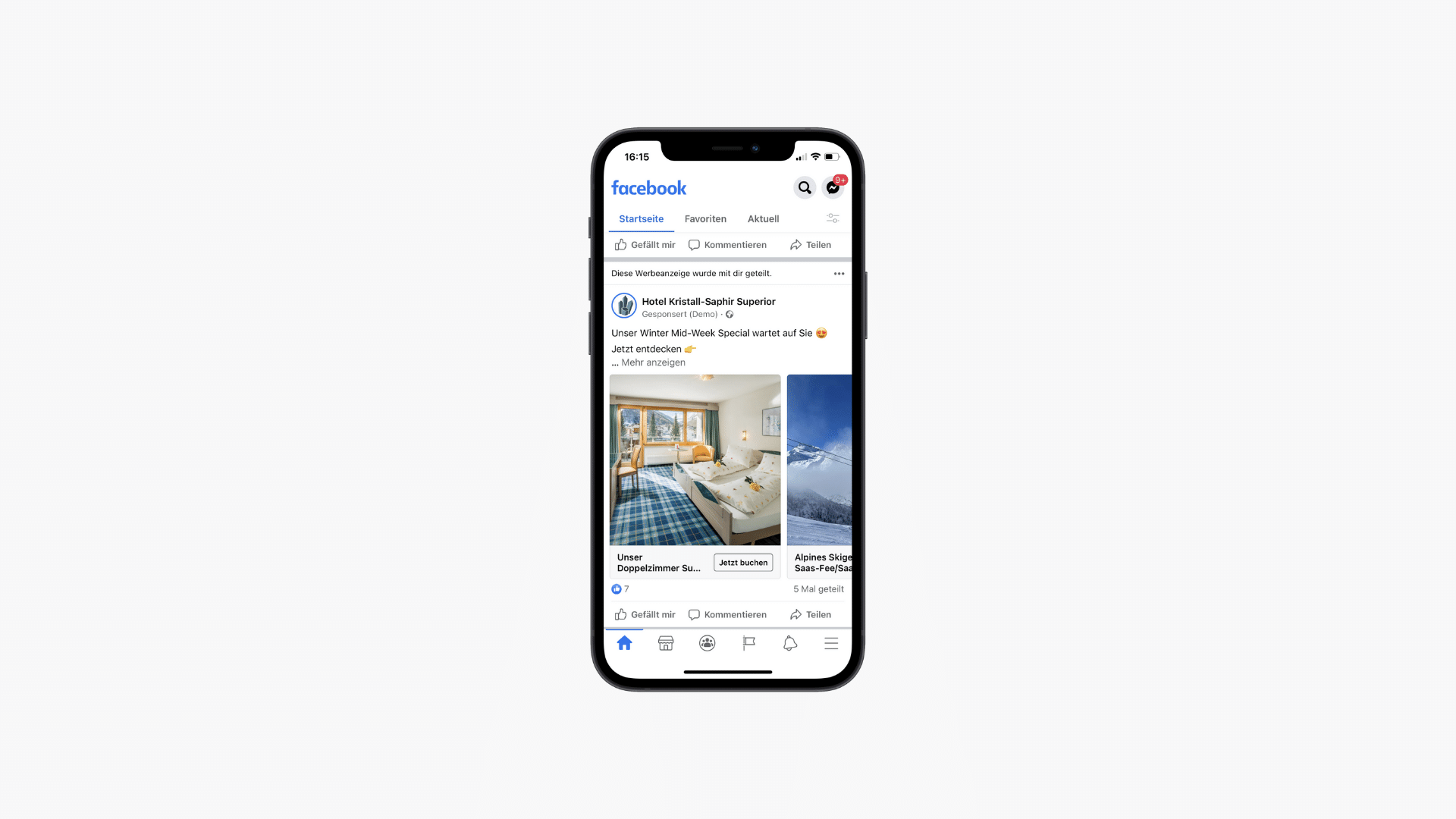 Facebook Werbung vom Hotel Kristall dargestellt auf iPhone 12