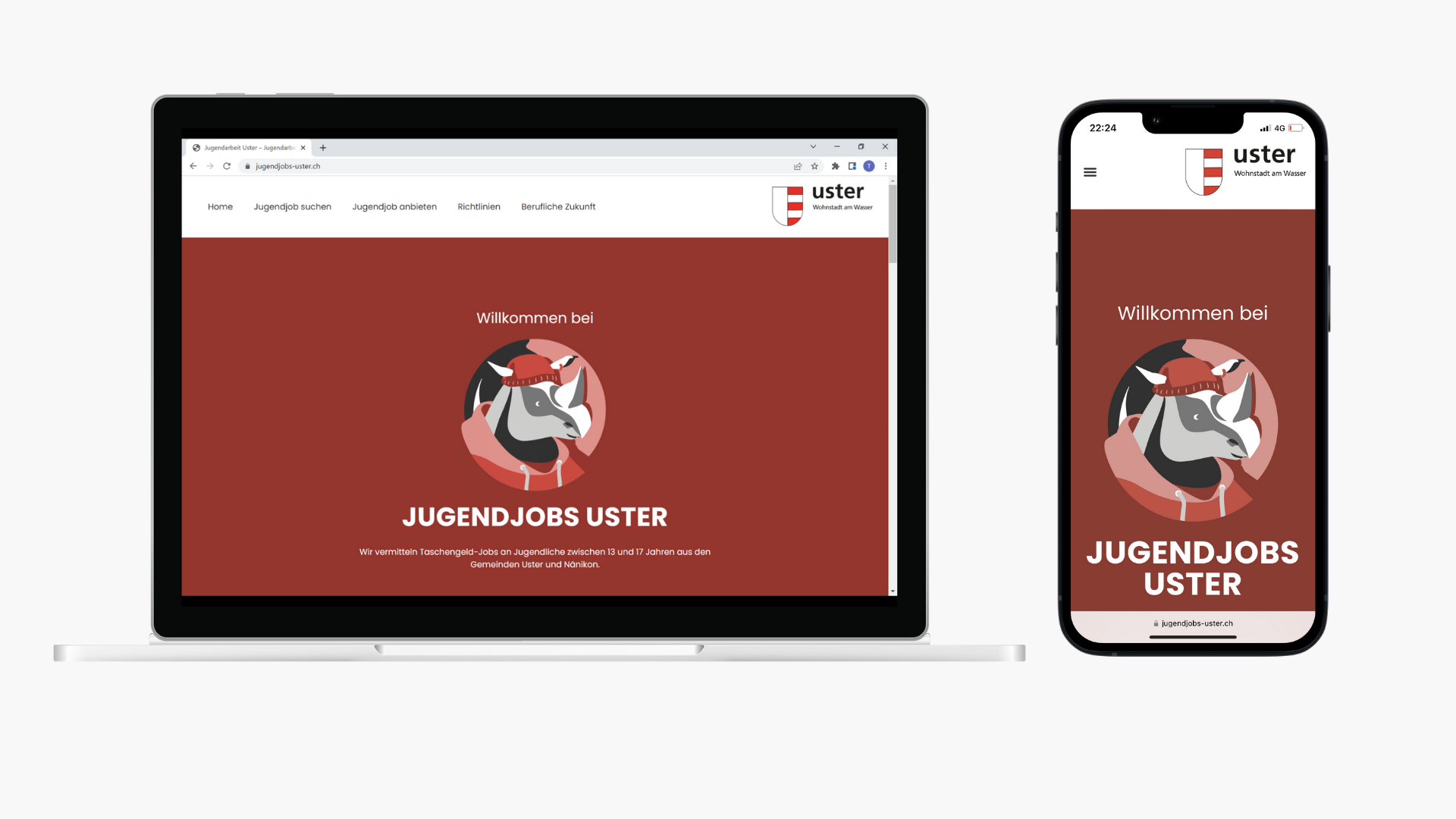 Mockup der Website https://jugendjobs-uster.ch als mobile und Desktop Version